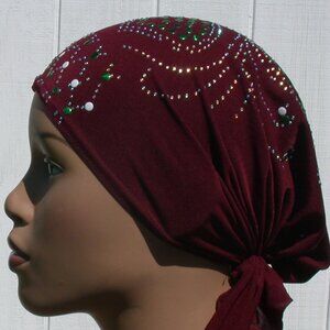 BURGUNDY Pre-Tied Stud Chemo Cap Slip On Bonnet Hijab Undercap # 4